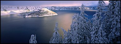 Light on the lake, winter sunrise. Crater Lake National Park (Panoramic color)