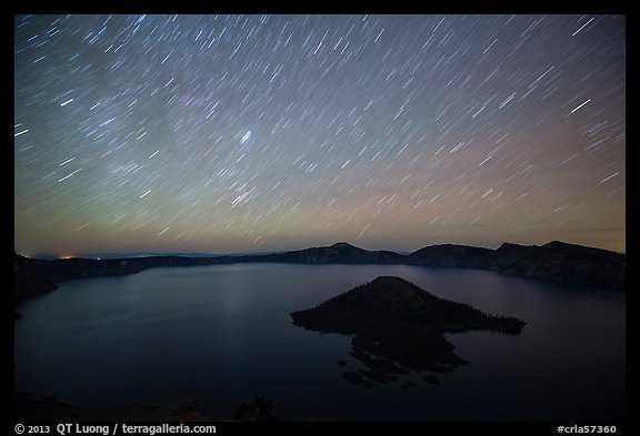 Star trails over Crater Lake and Wizard Island. Crater Lake National Park (color)
