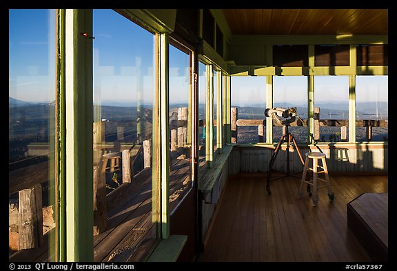 Interior of active fire lookout on Watchman. Crater Lake National Park, Oregon, USA.