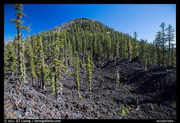 Hardened lava field and cinder cone, Wizard Island. Crater Lake National Park, Oregon, USA.