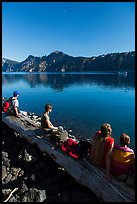 Visitors waiting for boat pick-up, Wizard Island. Crater Lake National Park ( color)
