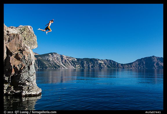 Twenty-five foot jump into more than eighty feet of water. Crater Lake National Park, Oregon, USA.