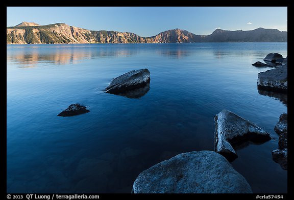 Lakeshore in late afternoon, Cleetwood Cove. Crater Lake National Park, Oregon, USA.