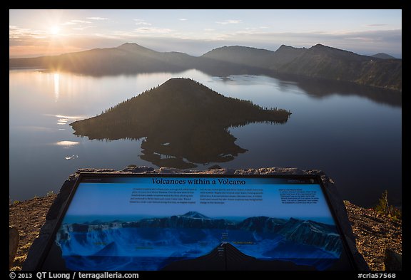 Interpretive sign, Wizard Island and Mount Scott. Crater Lake National Park (color)