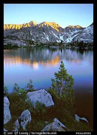 Boulders, tree, and Woods Lake at sunset. Kings Canyon National Park (color)