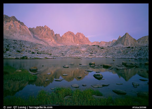 Mt Agasiz, Mt Thunderbolt, and Isoceles Peak reflected in a lake in Dusy Basin, sunset. Kings Canyon National Park (color)