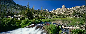 Clear cascading stream and peak. Kings Canyon  National Park (Panoramic color)