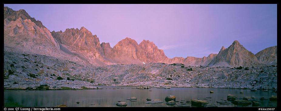 Pink light on High Sierra and lake at twilight. Kings Canyon National Park (color)
