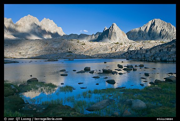 North Palissade, Isocele Peak and Mt Giraud reflected in lake, Dusy Basin. Kings Canyon National Park (color)