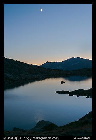 Lake and mountains with moon, Dusy Basin. Kings Canyon National Park (color)