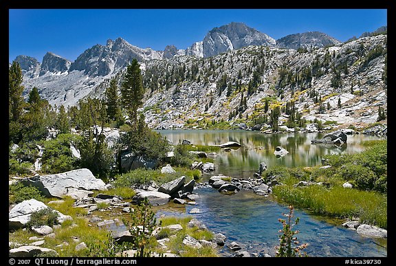 Outlet stream, lake, and mountains, Lower Dusy Basin. Kings Canyon National Park (color)