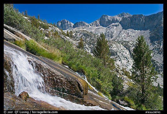 Waterfall, and mountains, Le Conte Canyon. Kings Canyon National Park (color)