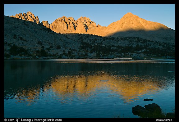 Palissades and Columbine Peak reflected in lake at sunset. Kings Canyon National Park (color)