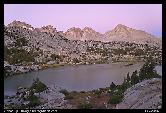 Columbine Peak and Palissades above lake at dusk, Lower Dusy basin. Kings Canyon National Park (color)