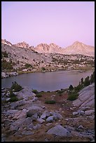 Palissades and Columbine Peak above lake at dusk, Lower Dusy basin. Kings Canyon National Park ( color)