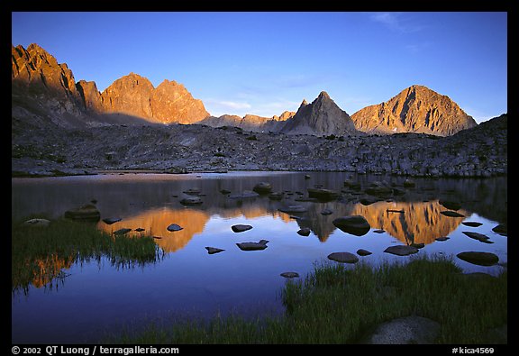Mt Thunderbolt, Isoceles Peak, and Palissades reflected in a lake in Dusy Basin, sunset. Kings Canyon National Park (color)