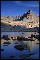Isoceles Peak reflected in a lake in Dusy Basin, late afternoon. Kings Canyon National Park, California, USA. (color)