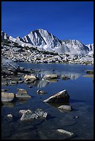 Mt Giraud reflected in a lake in Dusy Basin, morning. Kings Canyon National Park, California, USA. (color)