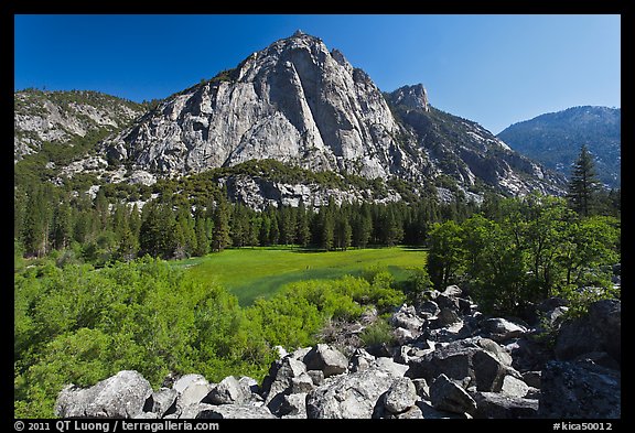 Zumwalt Meadow and North Dome in spring. Kings Canyon National Park (color)
