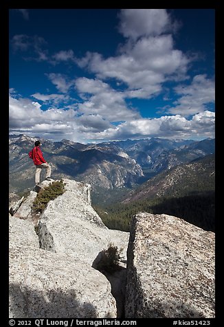 Hiker taking in view from Lookout Peak. Kings Canyon National Park, California, USA.