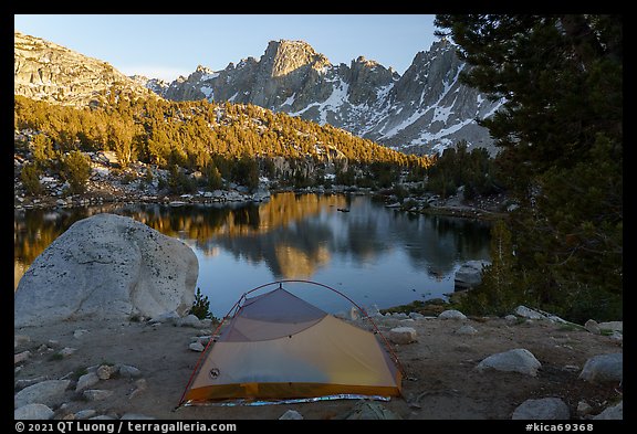 Tent next to Kearsarge Lakes. Kings Canyon National Park, California, USA.
