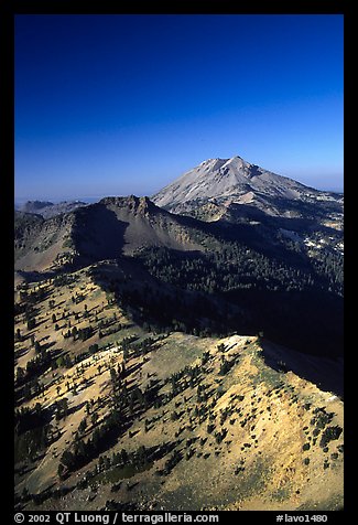 Mt Diller, Pilot Pinnacle, and Lassen Peak from Brokeoff Mountain, late afternoon. Lassen Volcanic National Park (color)