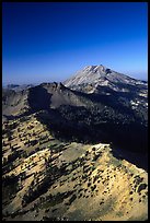Mt Diller, Pilot Pinnacle, and Lassen Peak from Brokeoff Mountain, late afternoon. Lassen Volcanic National Park, California, USA. (color)
