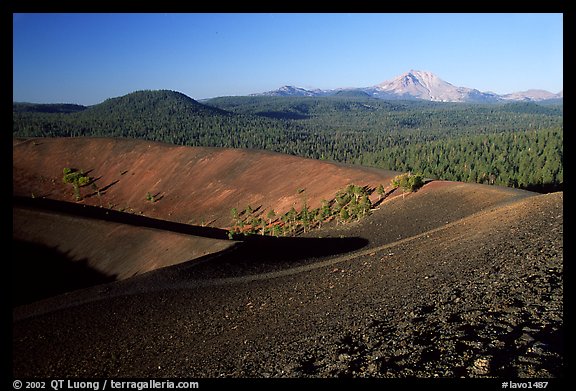 Cinder cone crater and Lassen Peak, early morning. Lassen Volcanic National Park, California, USA.