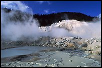 Mud cauldrons and fumeroles in Bumpass Hell thermal area. Lassen Volcanic National Park, California, USA. (color)