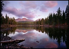 Reflection lake and Chaos Crags, sunset. Lassen Volcanic National Park, California, USA.
