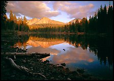 Reflection lake and Chaos Crags, sunset. Lassen Volcanic National Park, California, USA.