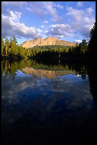 Reflection lake and Chaos Crags, sunset. Lassen Volcanic National Park, California, USA. (color)
