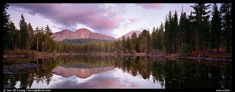 Volcanic peak and conifer reflected in lake. Lassen Volcanic National Park (color)