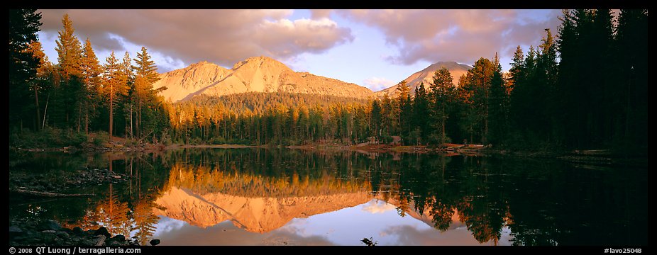 Chaos Crags reflected in lake at sunset. Lassen Volcanic National Park (color)