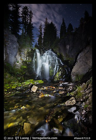 Wide view of Kings Creek Falls and starry sky. Lassen Volcanic National Park, California, USA.