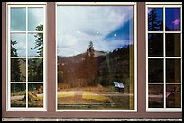 Forest and Peaks, Visitor Center window reflexion. Lassen Volcanic National Park ( color)