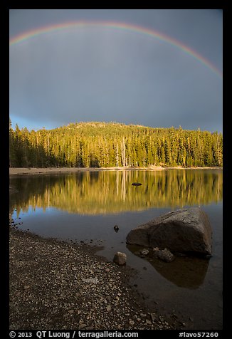 Rainbow and boulder, Juniper Lake. Lassen Volcanic National Park (color)