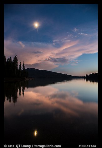 Moon and reflection at dusk, Juniper Lake. Lassen Volcanic National Park, California, USA.