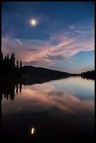 Moon and reflection at dusk, Juniper Lake. Lassen Volcanic National Park ( color)