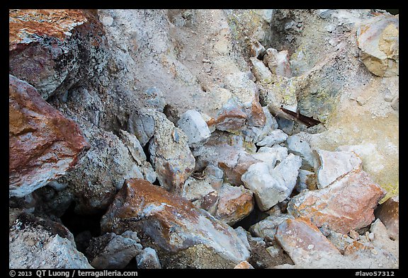 Close-up of rocks with red and yellow deposits, Devils Kitchen. Lassen Volcanic National Park, California, USA.