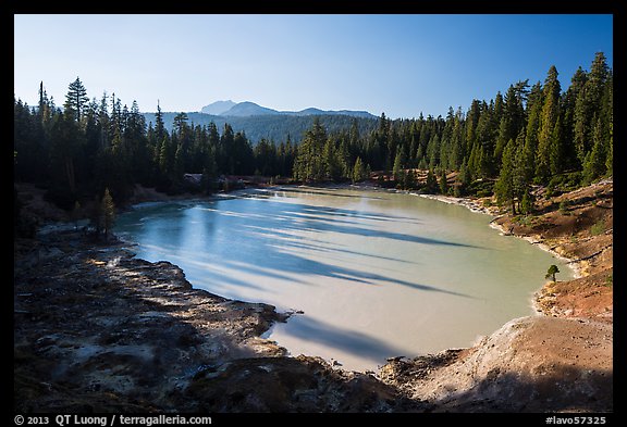 Boiling Springs Lake with long shadows in late afternoon. Lassen Volcanic National Park, California, USA.