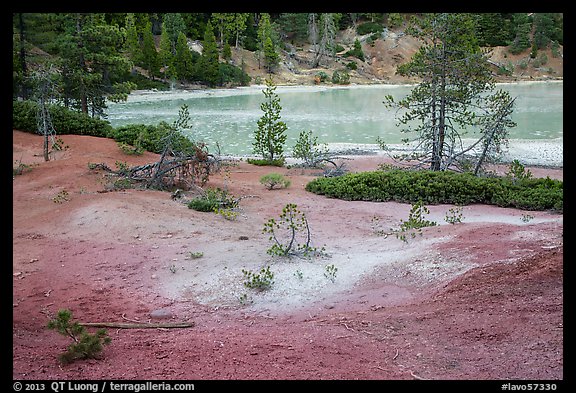 Red earth and greenish waters of Boiling Springs Lake. Lassen Volcanic National Park, California, USA.