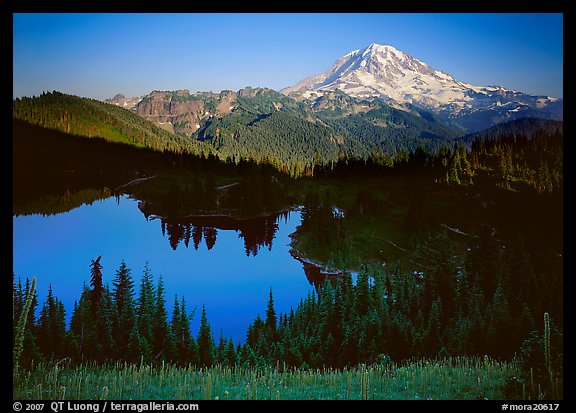 Eunice Lake seen from above with Mt Rainier behind, afternoon. Mount Rainier National Park (color)