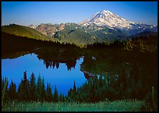 Eunice Lake seen from above with Mt Rainier behind, afternoon. Mount Rainier National Park, Washington, USA. (color)