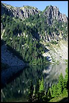 Cliffs reflected in Eunice Lake. Mount Rainier National Park, Washington, USA. (color)
