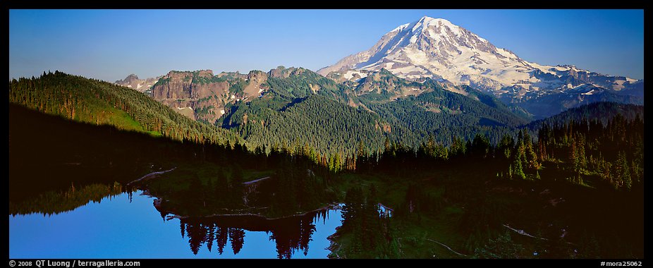 Lake and distant Mount Rainier. Mount Rainier National Park, Washington, USA.