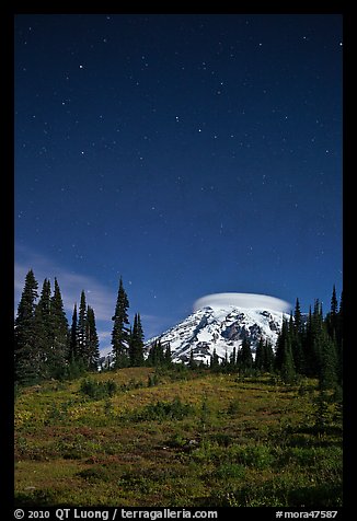 Mount Rainier and stars by night. Mount Rainier National Park (color)
