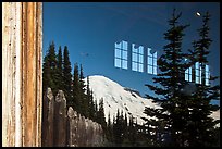 Mt Rainier, Sunrise Visitor Center window reflexion. Mount Rainier National Park, Washington, USA. (color)