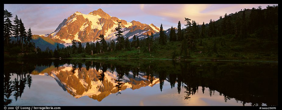 Mount Shuksan reflected in lake at sunset,  North Cascades National Park. Washington, USA.