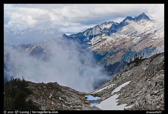 Mountains and clouds above South Fork of Cascade River, North Cascades National Park. Washington, USA.